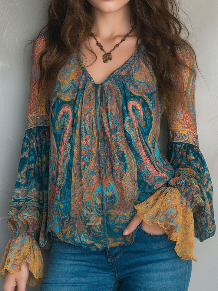 Clara | Bohemian Teal & Amber Paisley Chiffon Blouse With Ruffled Cuffs