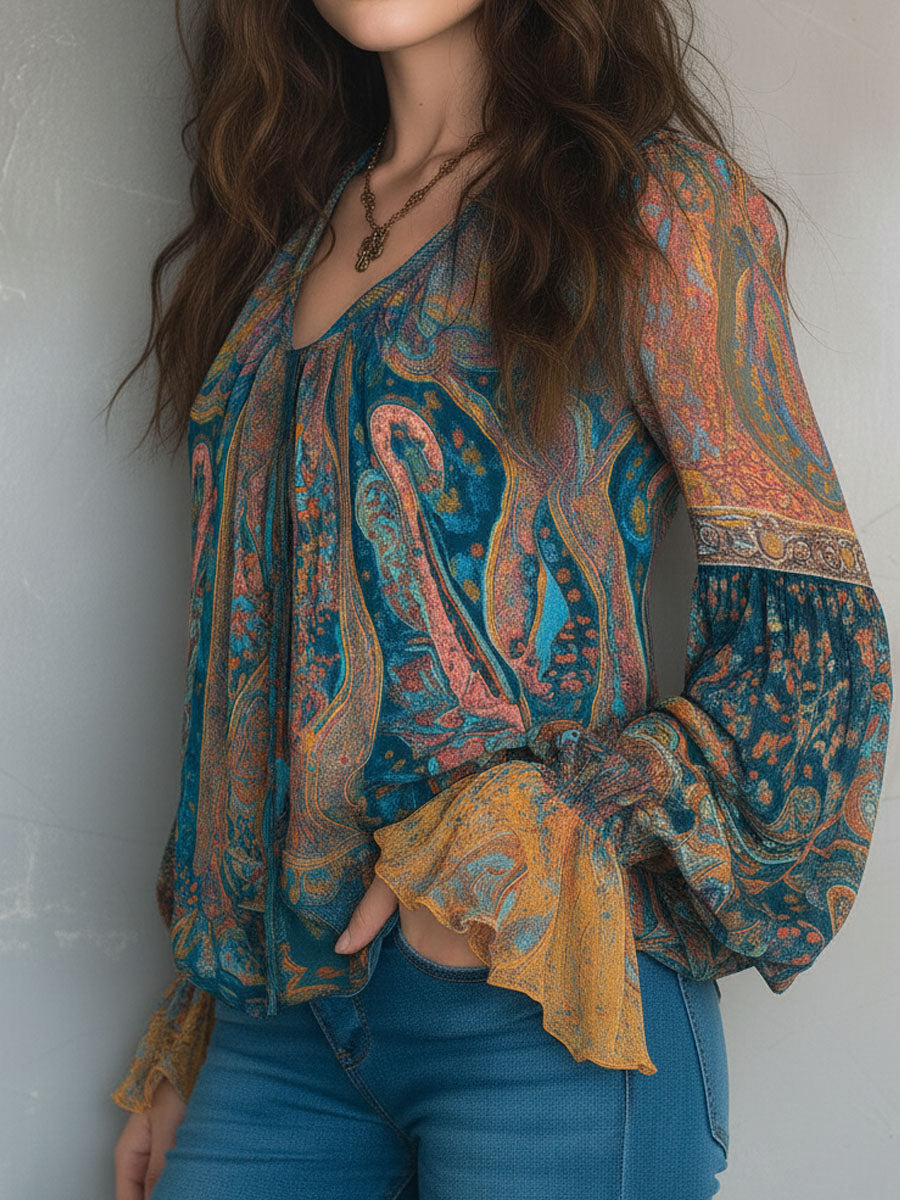 Clara | Bohemian Teal & Amber Paisley Chiffon Blouse With Ruffled Cuffs