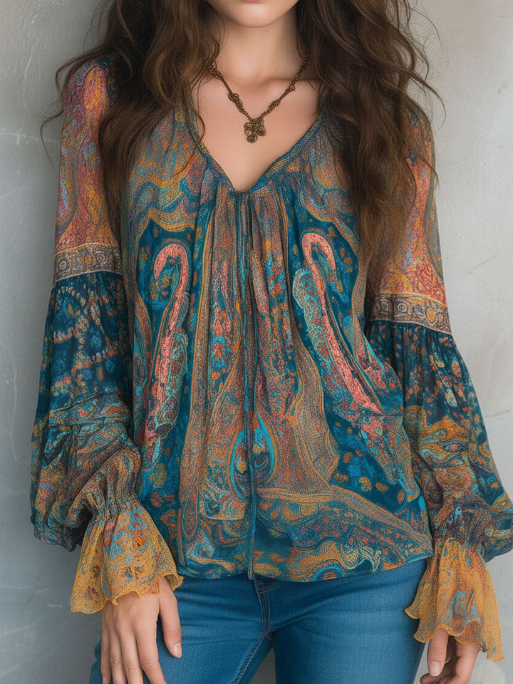 Clara | Bohemian Teal & Amber Paisley Chiffon Blouse With Ruffled Cuffs