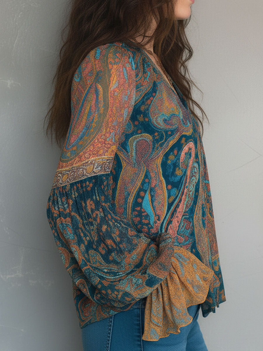 Clara | Bohemian Teal & Amber Paisley Chiffon Blouse With Ruffled Cuffs