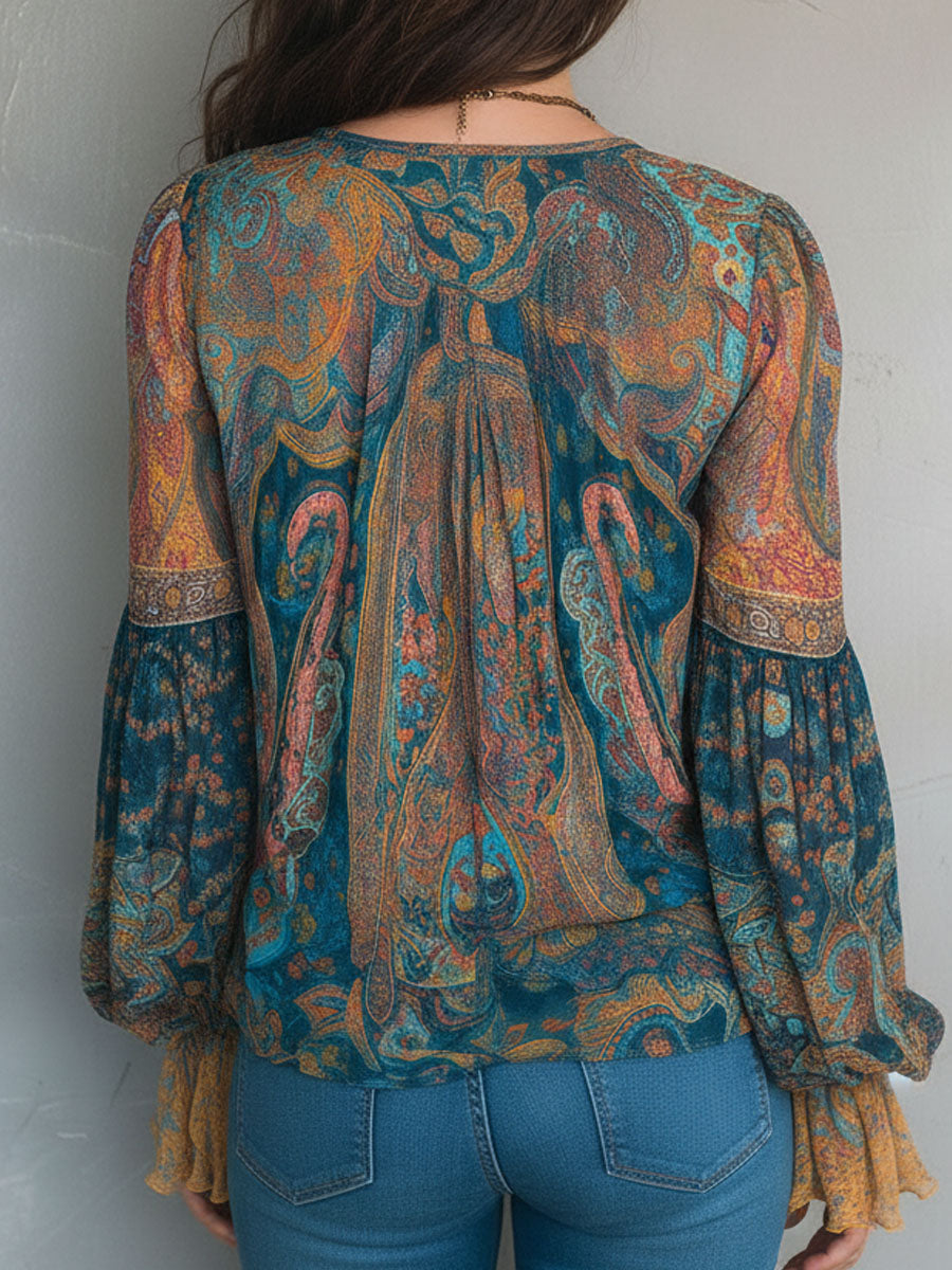 Clara | Bohemian Teal & Amber Paisley Chiffon Blouse With Ruffled Cuffs