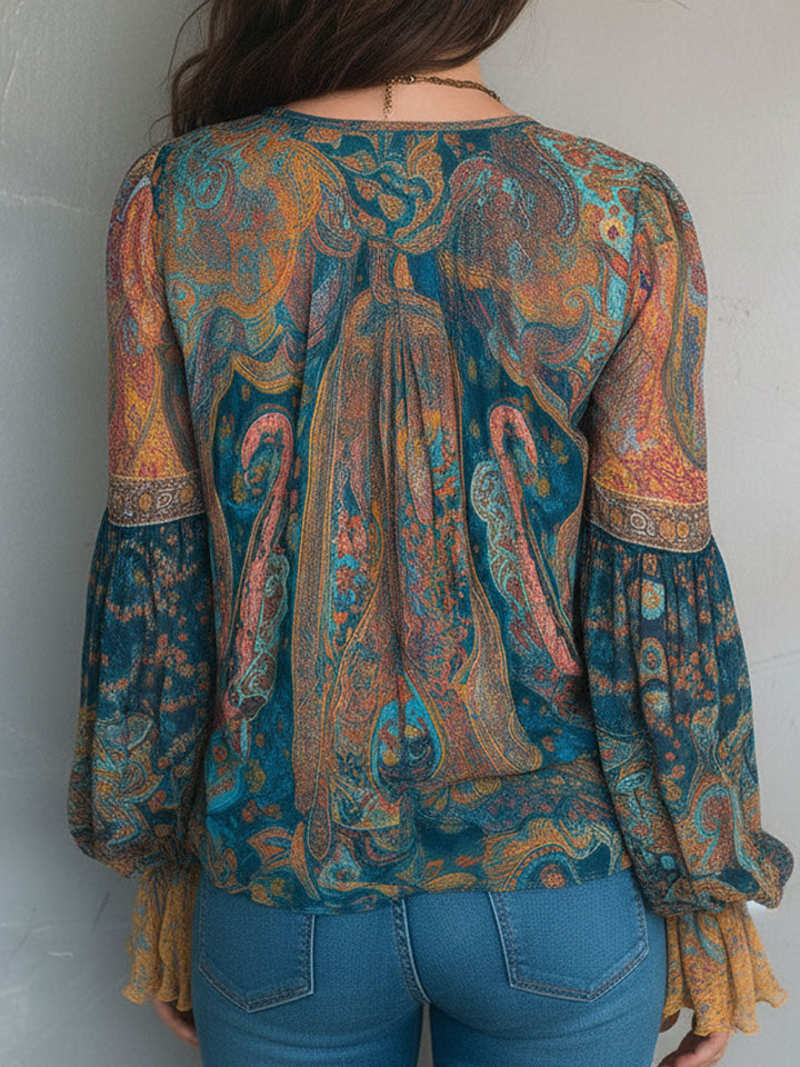 Clara | Bohemian Teal & Amber Paisley Chiffon Blouse With Ruffled Cuffs