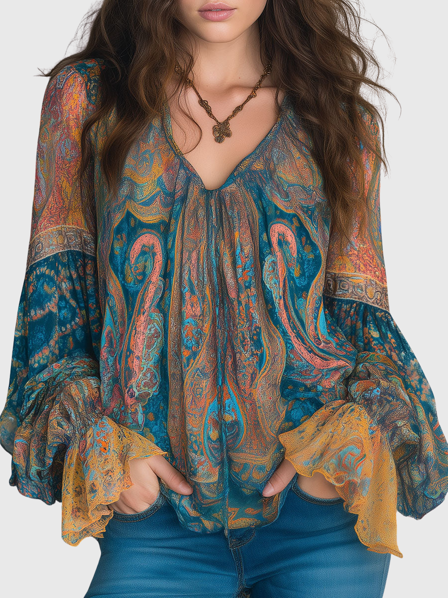 Clara | Bohemian Teal & Amber Paisley Chiffon Blouse With Ruffled Cuffs