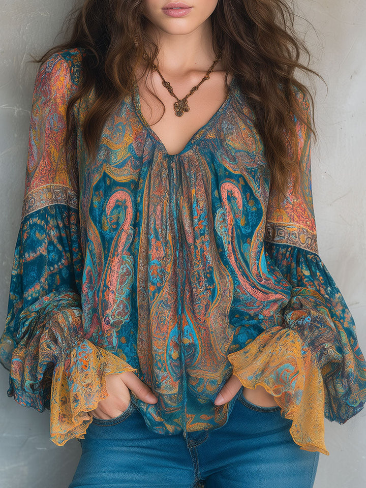 Clara | Bohemian Teal & Amber Paisley Chiffon Blouse With Ruffled Cuffs