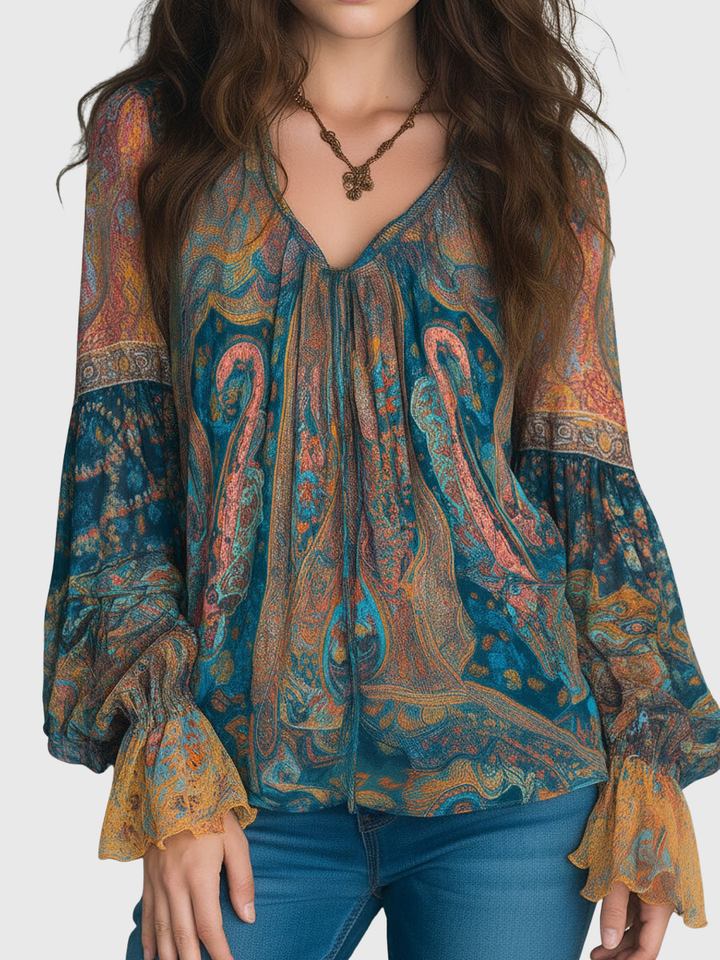 Clara | Bohemian Teal & Amber Paisley Chiffon Blouse With Ruffled Cuffs