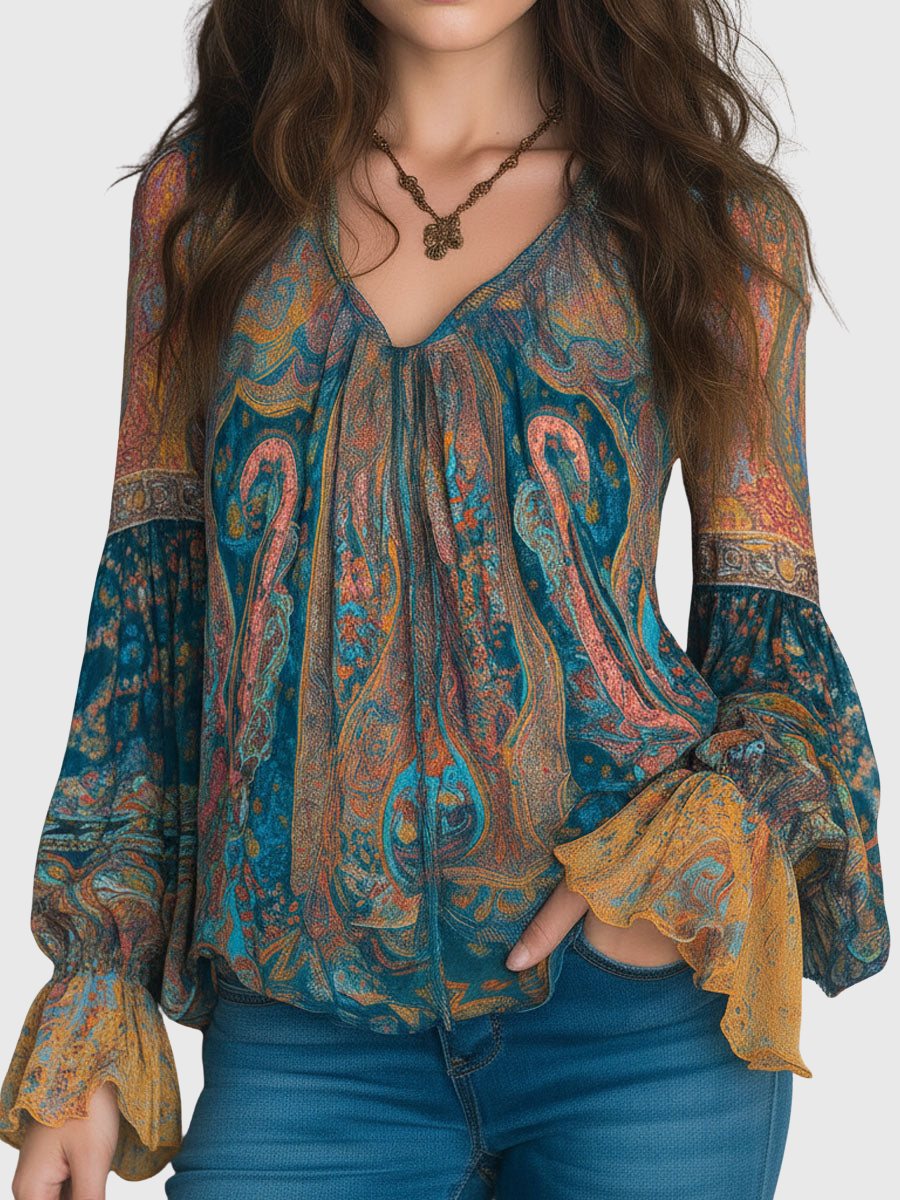 Clara | Bohemian Teal & Amber Paisley Chiffon Blouse With Ruffled Cuffs