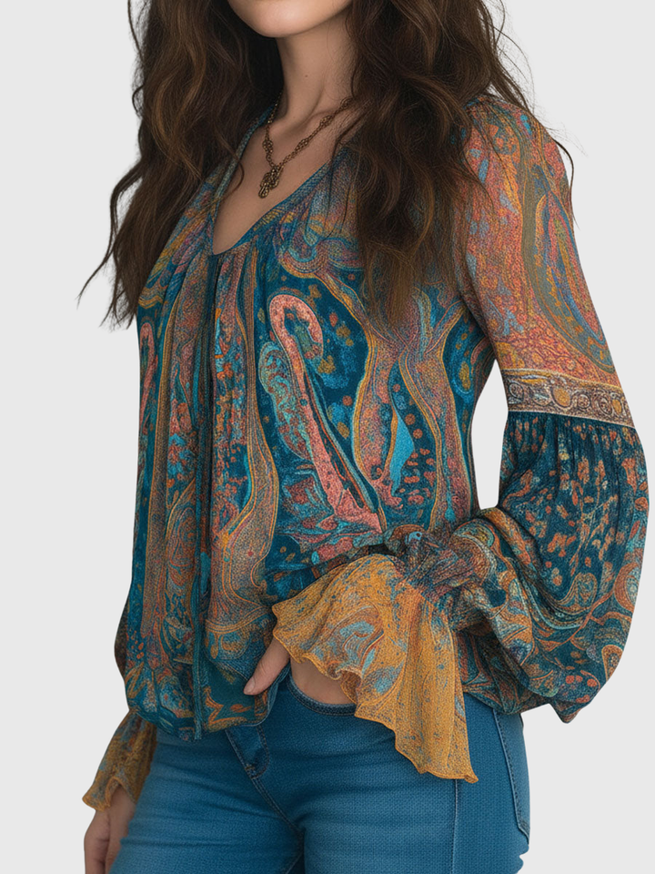 Clara | Bohemian Teal & Amber Paisley Chiffon Blouse With Ruffled Cuffs