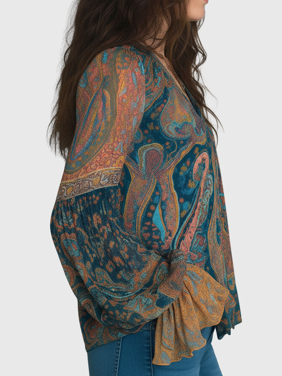 Clara | Bohemian Teal & Amber Paisley Chiffon Blouse With Ruffled Cuffs