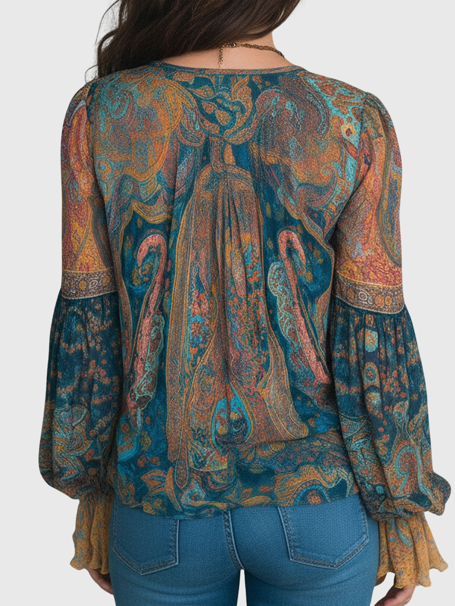Clara | Bohemian Teal & Amber Paisley Chiffon Blouse With Ruffled Cuffs