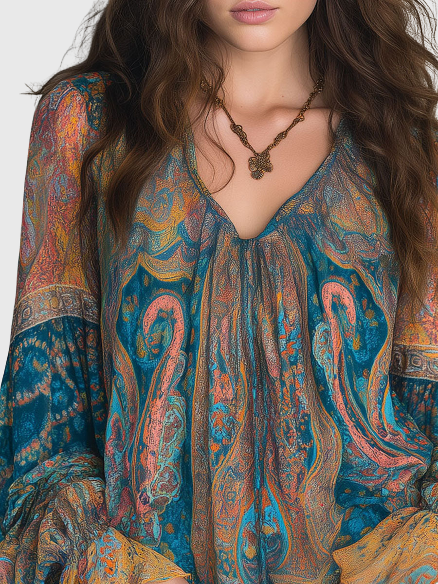 Clara | Bohemian Teal & Amber Paisley Chiffon Blouse With Ruffled Cuffs