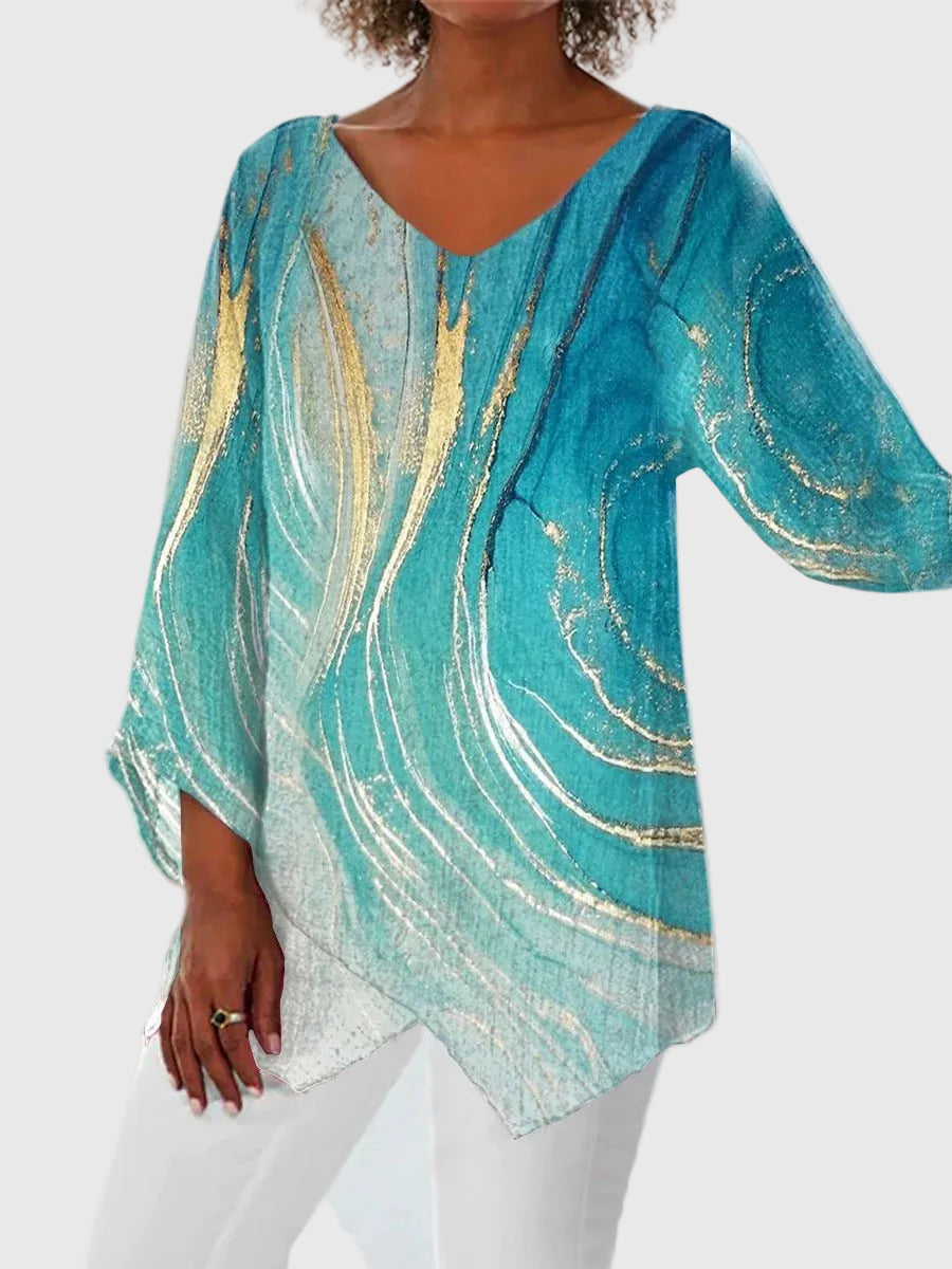 Florence | Women's Print Long Sleeve V-Neck Asymmetrical Hem Blouse