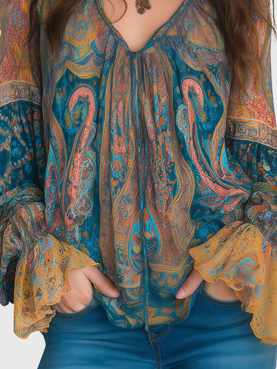 Clara | Bohemian Teal & Amber Paisley Chiffon Blouse With Ruffled Cuffs