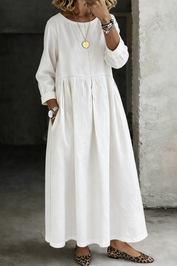 Melissa™ | Long Denim Dress with Round Neck and Long Sleeves