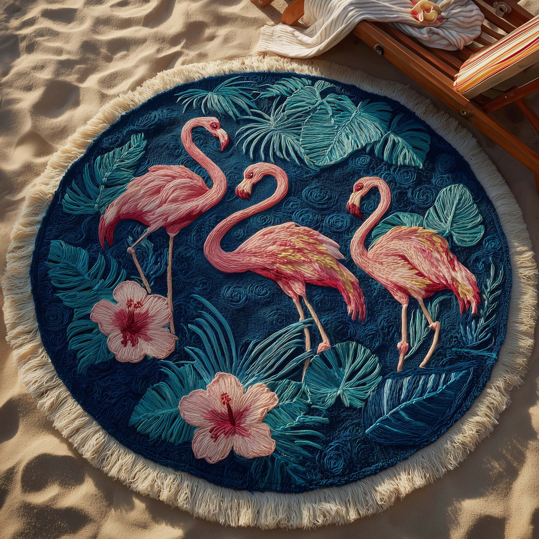 Midnight Flamingo Round Beach Towel