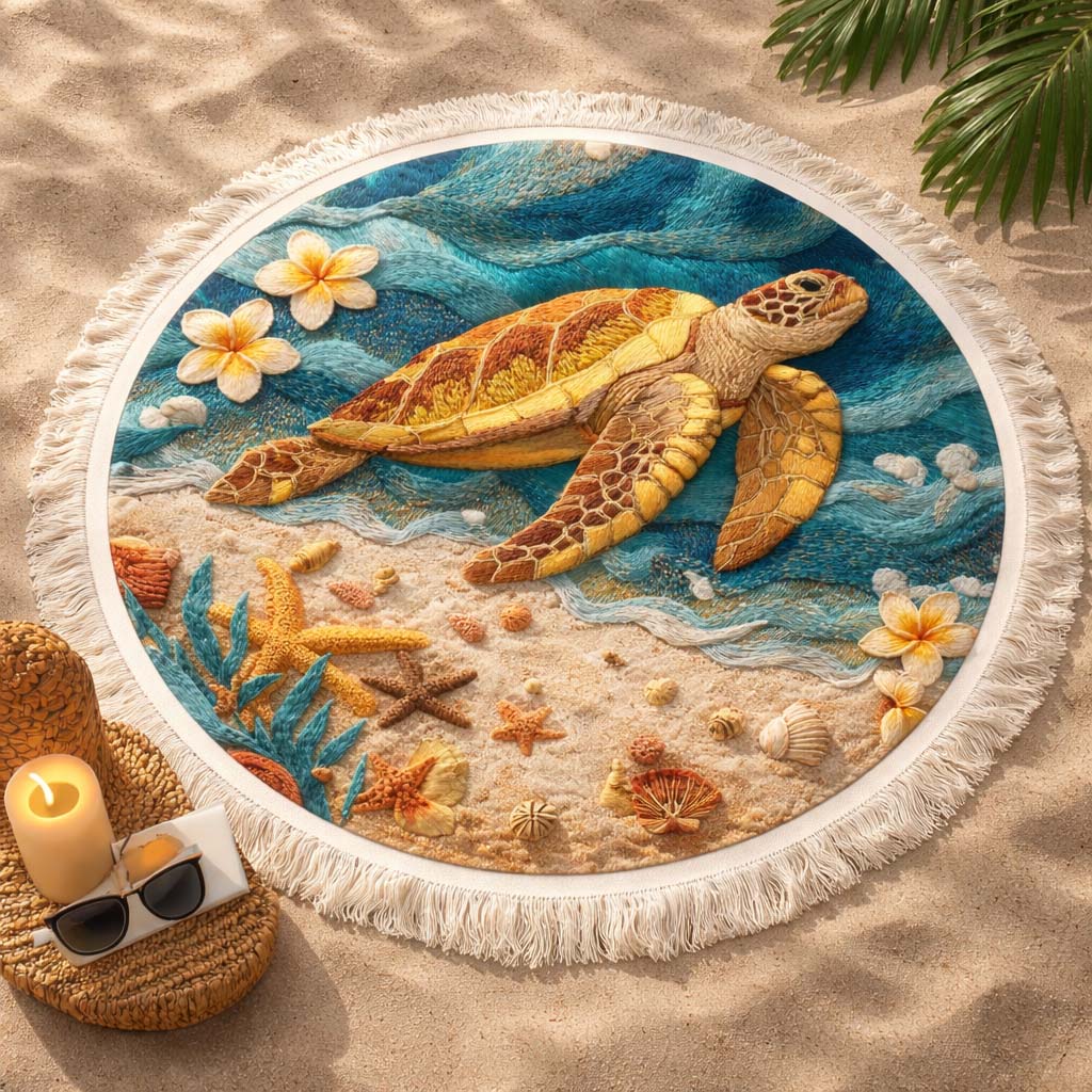 Round Beach Towel Tropical Turtle