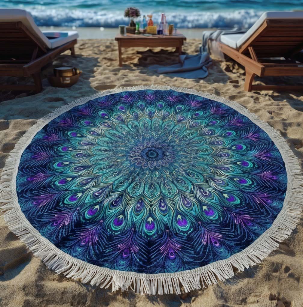 Round Mandala Peacock Beach Towel