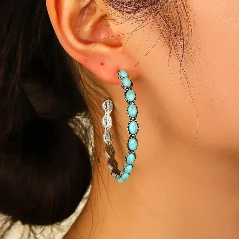 Vintage Turquoise Oval Silver Hoop Earrings