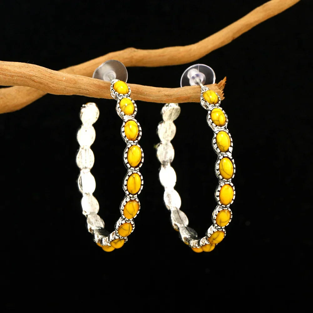 Vintage Turquoise Oval Silver Hoop Earrings