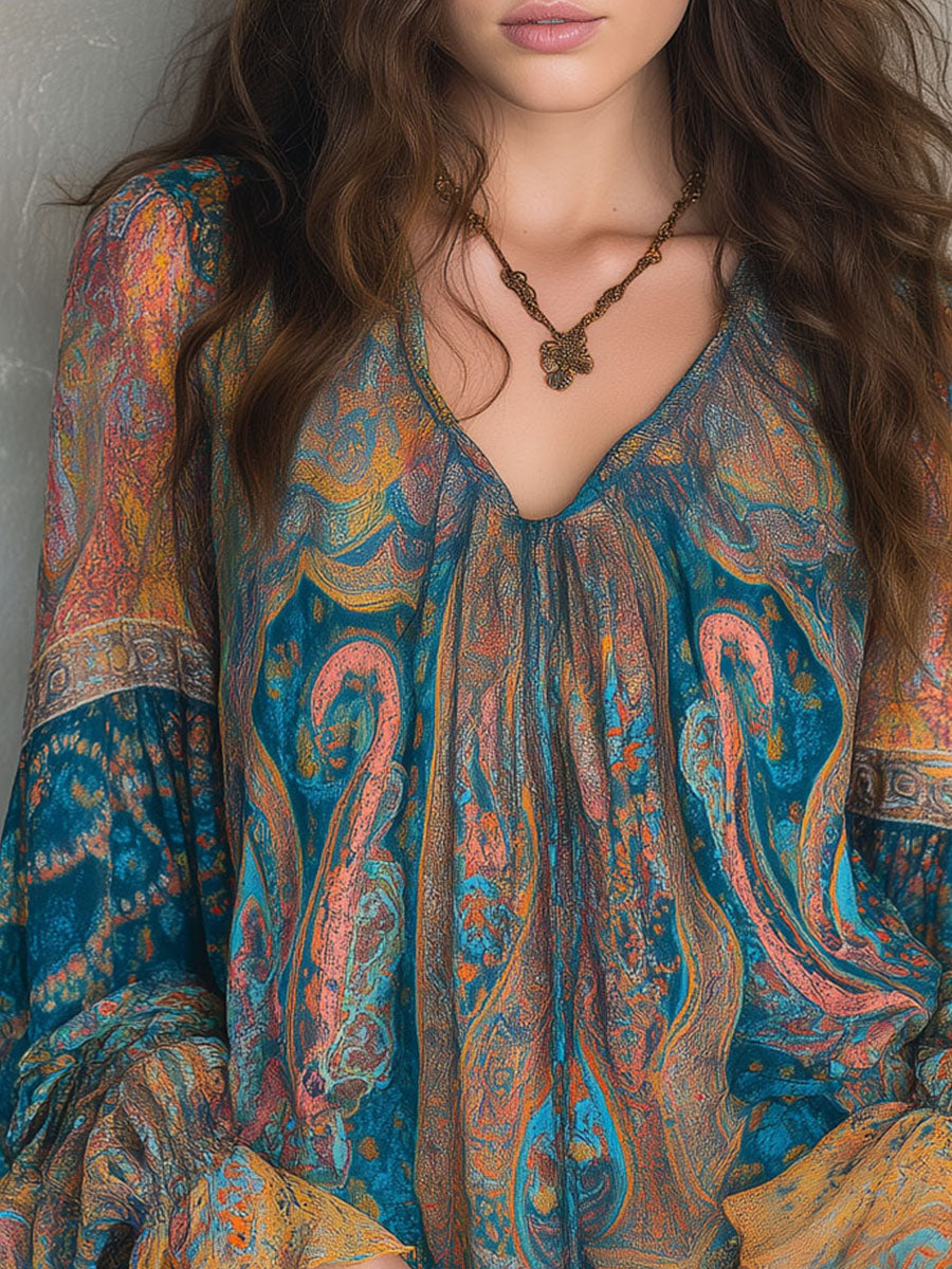 Clara | Bohemian Teal & Amber Paisley Chiffon Blouse With Ruffled Cuffs