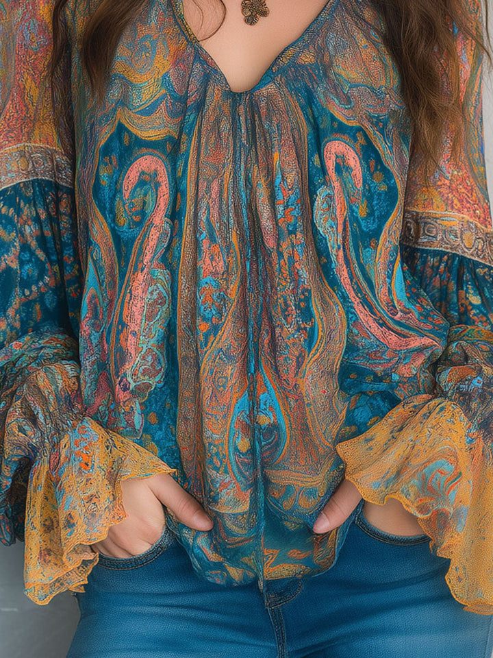 Clara | Bohemian Teal & Amber Paisley Chiffon Blouse With Ruffled Cuffs