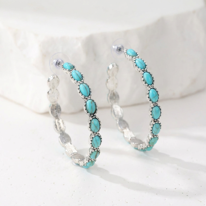 Vintage Turquoise Oval Silver Hoop Earrings