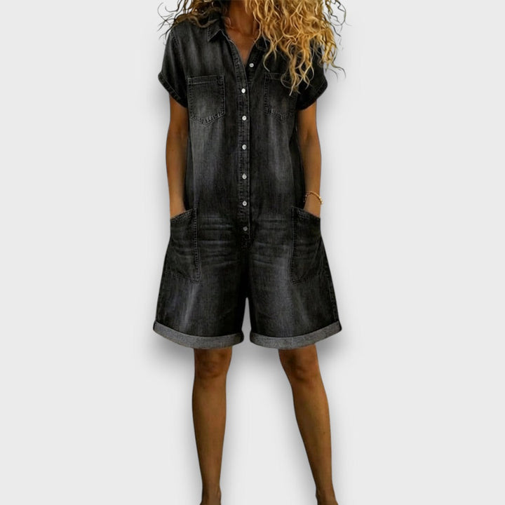 Joan™ | Short Cotton Denim Effect Overalls